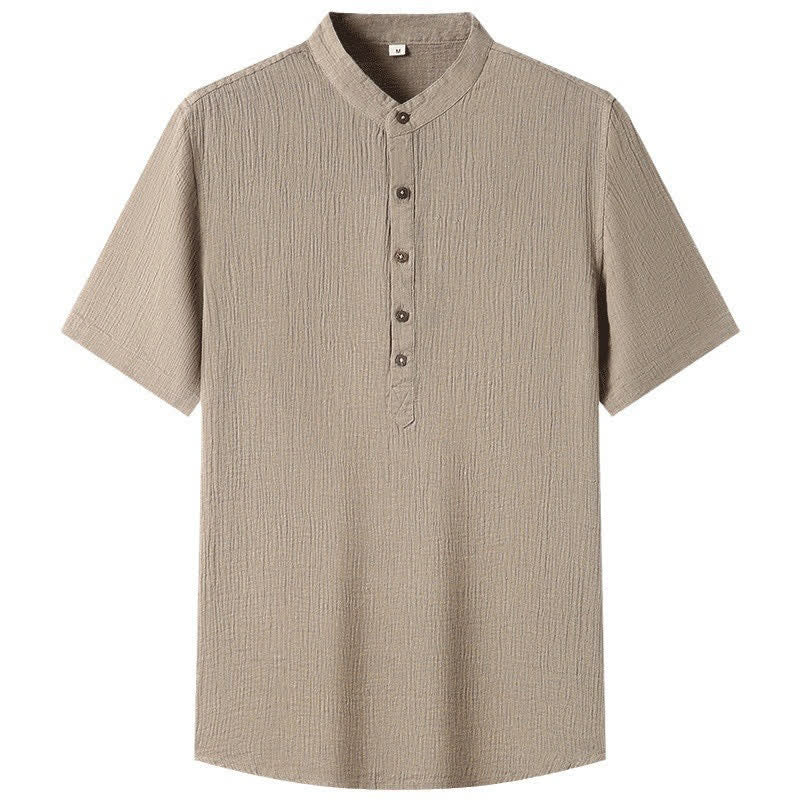 Nimara Ritual Summer Casual Tang Style Mandarin Collar Solid Linen Men's Short Sleeve Shirts