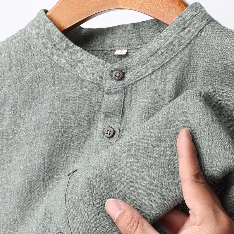 Nimara Ritual Summer Casual Tang Style Mandarin Collar Solid Linen Men's Short Sleeve Shirts