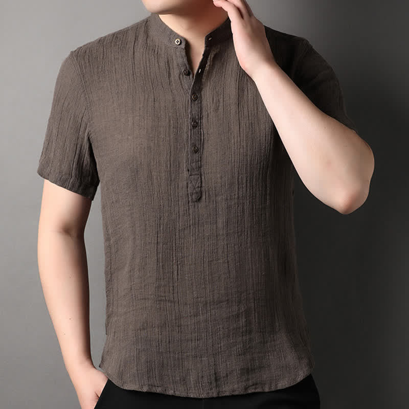 Nimara Ritual Summer Casual Tang Style Mandarin Collar Solid Linen Men's Short Sleeve Shirts