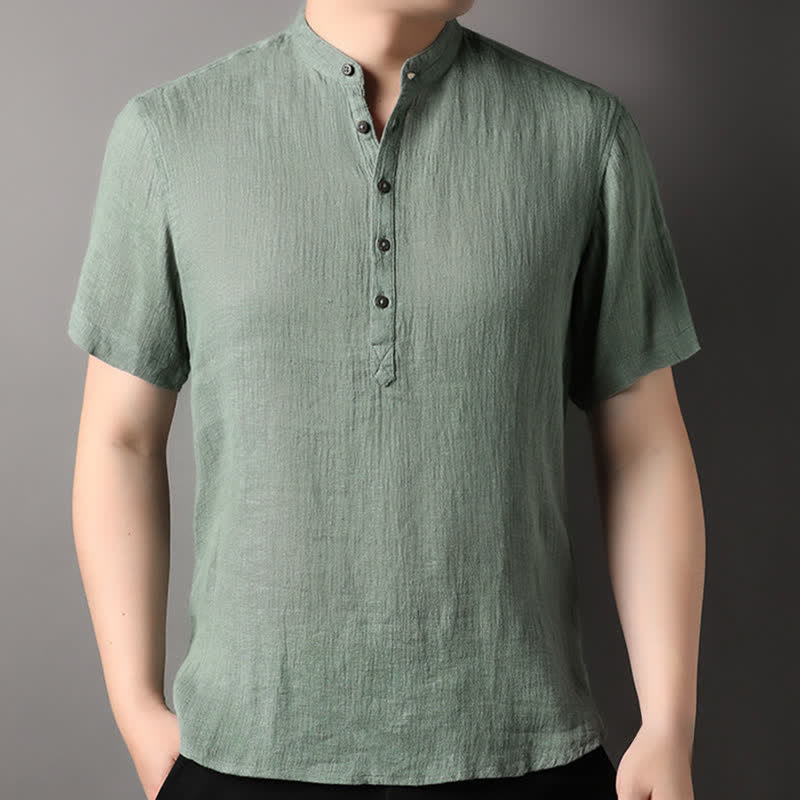 Nimara Ritual Summer Casual Tang Style Mandarin Collar Solid Linen Men's Short Sleeve Shirts