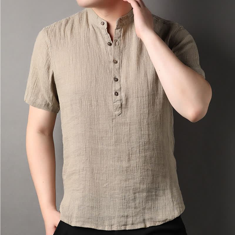 Nimara Ritual Summer Casual Tang Style Mandarin Collar Solid Linen Men's Short Sleeve Shirts