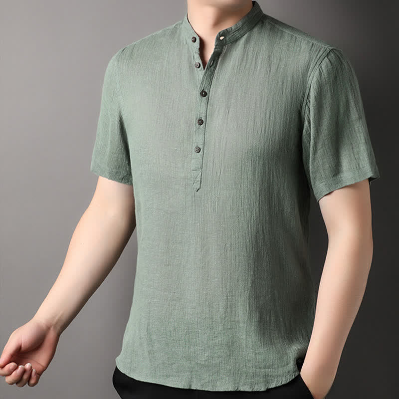 Nimara Ritual Summer Casual Tang Style Mandarin Collar Solid Linen Men's Short Sleeve Shirts