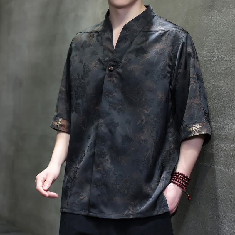 Nimara Ritual Spring Summer Tang Style Casual Mandarin Collar Bamboo Butterfly Men's Short Sleeve Shirts
