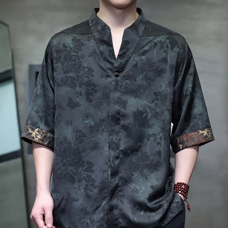 Nimara Ritual Spring Summer Tang Style Casual Mandarin Collar Bamboo Butterfly Men's Short Sleeve Shirts