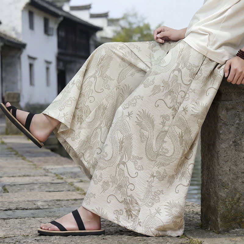 Nimara Ritual Summer Casual Tang Style Drawstring Dragon Ankle Pants Men's Wide Leg Pants
