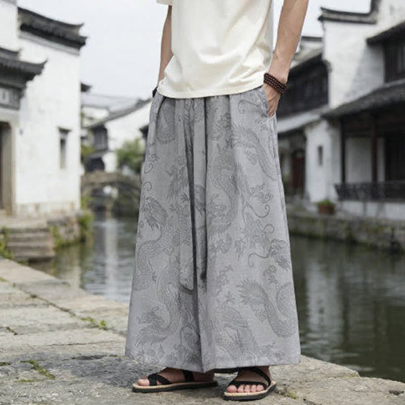 Nimara Ritual Summer Casual Tang Style Drawstring Dragon Ankle Pants Men's Wide Leg Pants
