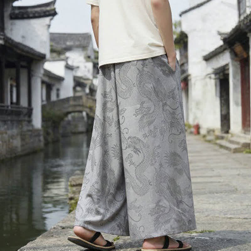 Nimara Ritual Summer Casual Tang Style Drawstring Dragon Ankle Pants Men's Wide Leg Pants