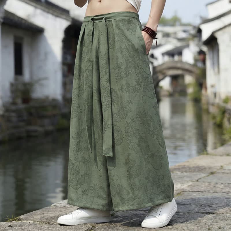 Nimara Ritual Summer Casual Tang Style Drawstring Dragon Ankle Pants Men's Wide Leg Pants