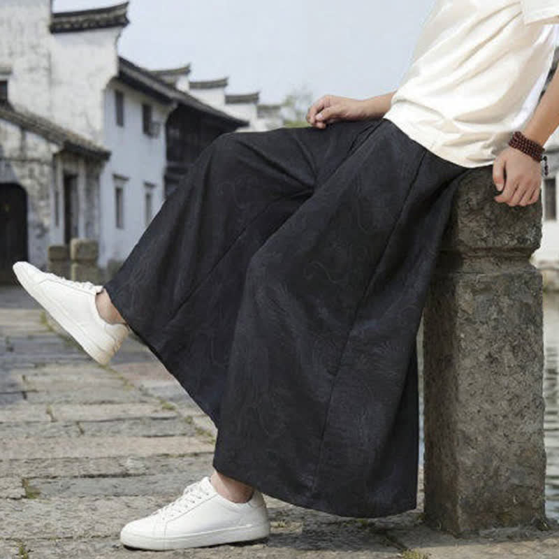 Nimara Ritual Summer Casual Tang Style Drawstring Dragon Ankle Pants Men's Wide Leg Pants