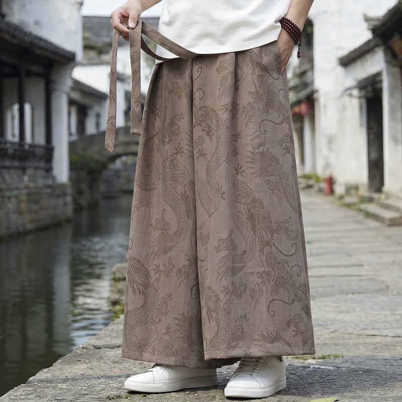 Nimara Ritual Summer Casual Tang Style Drawstring Dragon Ankle Pants Men's Wide Leg Pants