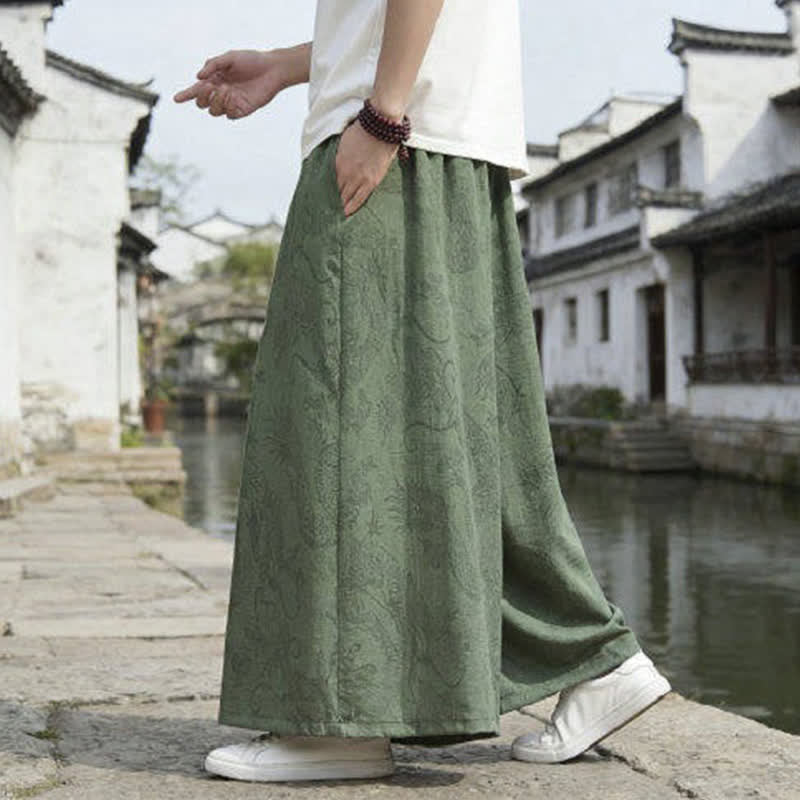 Nimara Ritual Summer Casual Tang Style Drawstring Dragon Ankle Pants Men's Wide Leg Pants