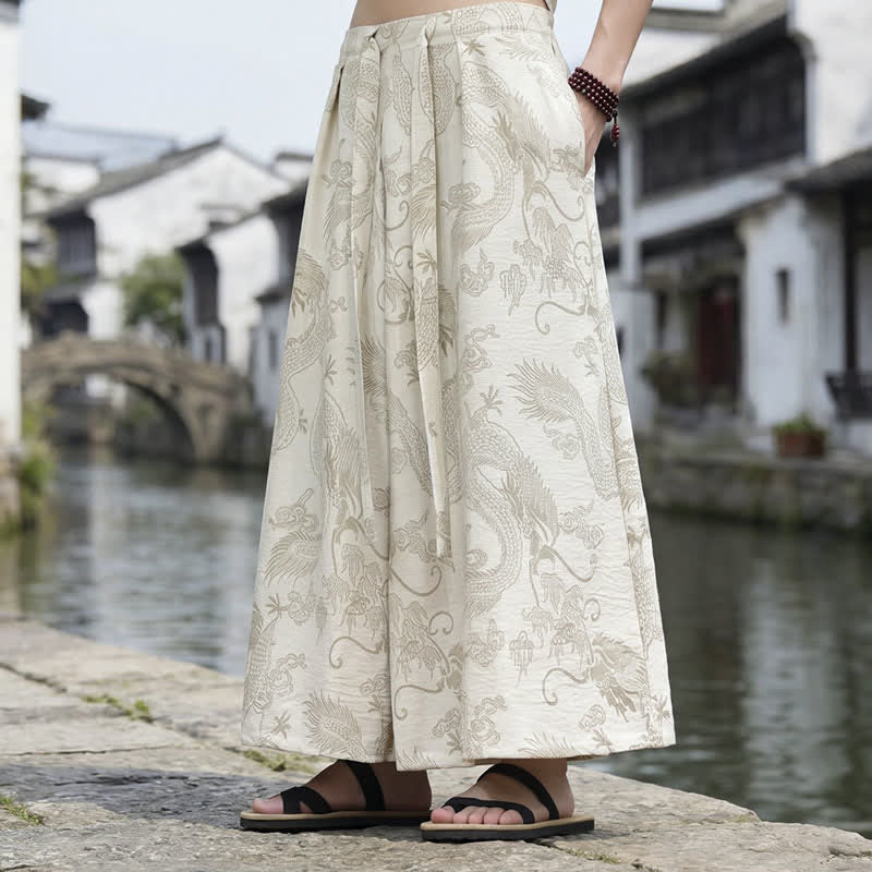 Nimara Ritual Summer Casual Tang Style Drawstring Dragon Ankle Pants Men's Wide Leg Pants
