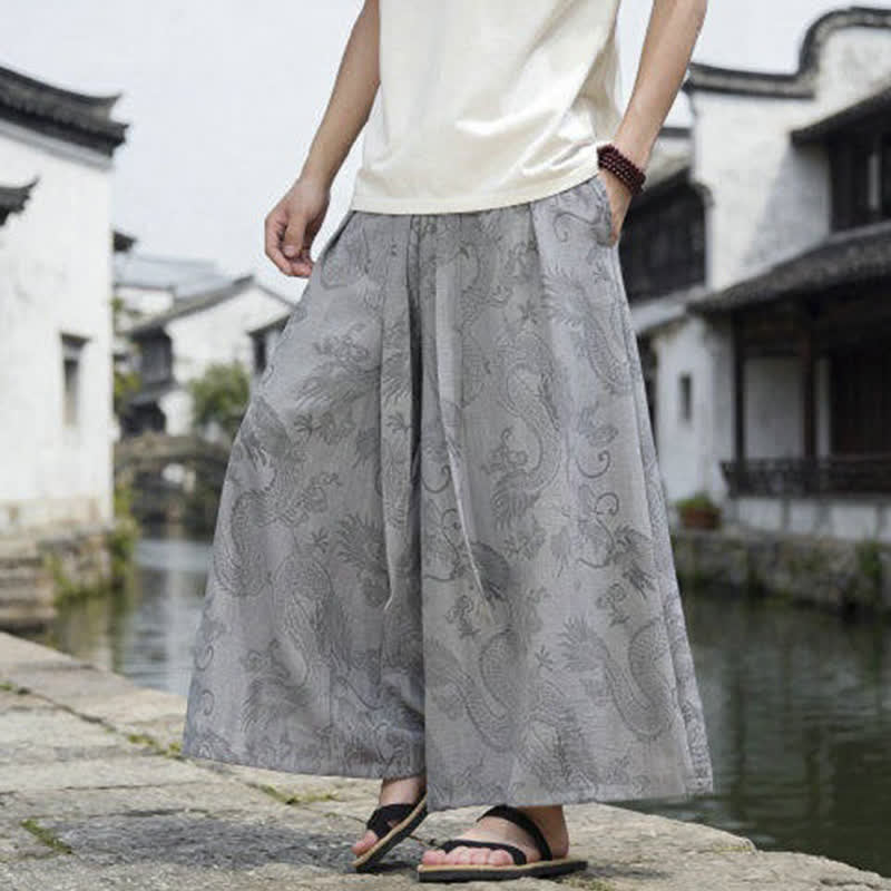 Nimara Ritual Summer Casual Tang Style Drawstring Dragon Ankle Pants Men's Wide Leg Pants