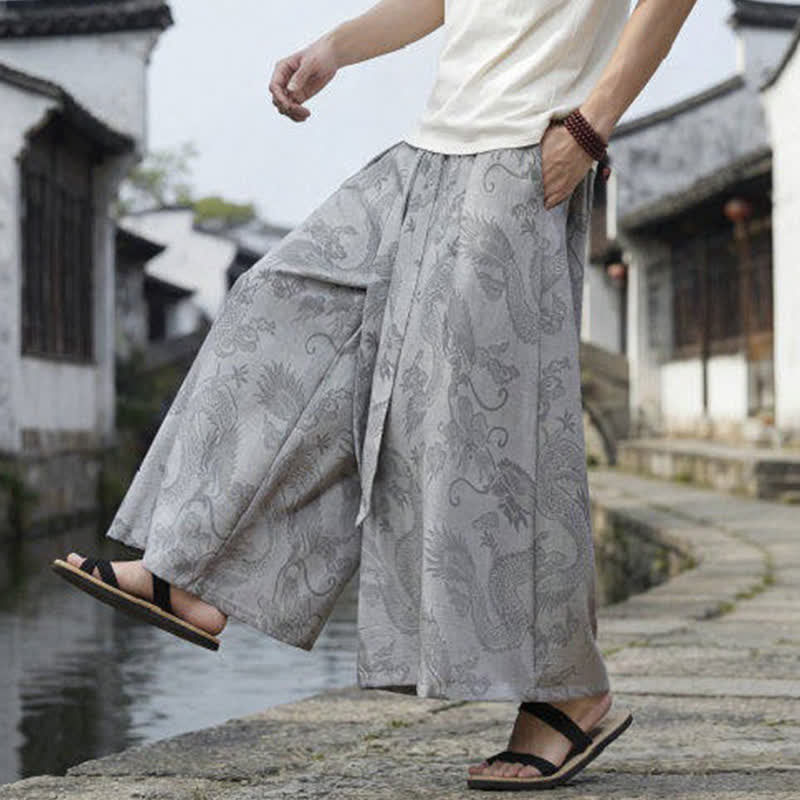 Nimara Ritual Summer Casual Tang Style Drawstring Dragon Ankle Pants Men's Wide Leg Pants