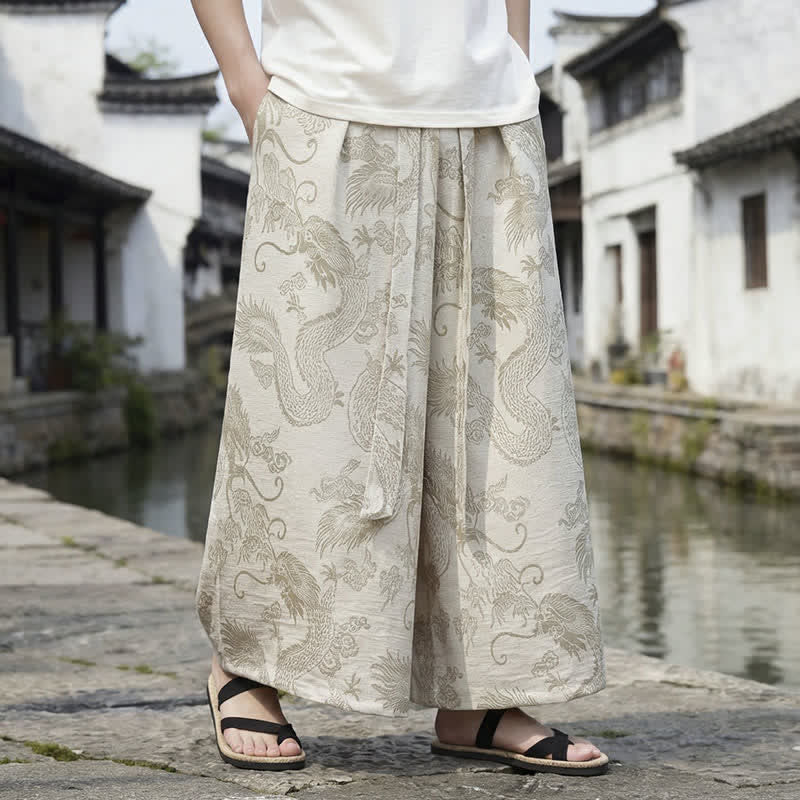 Nimara Ritual Summer Casual Tang Style Drawstring Dragon Ankle Pants Men's Wide Leg Pants