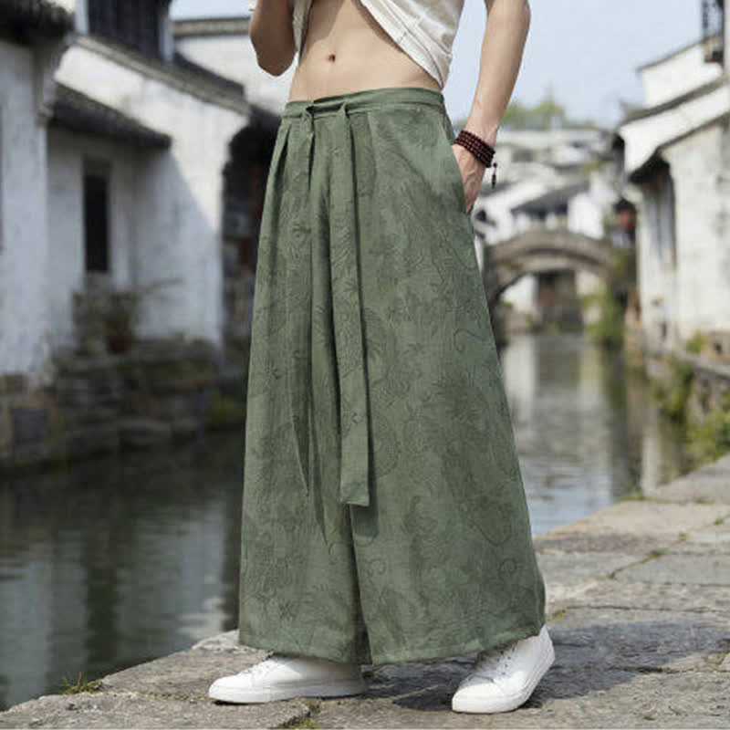 Nimara Ritual Summer Casual Tang Style Drawstring Dragon Ankle Pants Men's Wide Leg Pants