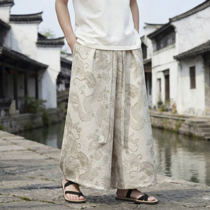 Nimara Ritual Summer Casual Tang Style Drawstring Dragon Ankle Pants Men's Wide Leg Pants