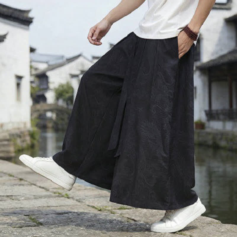 Nimara Ritual Summer Casual Tang Style Drawstring Dragon Ankle Pants Men's Wide Leg Pants