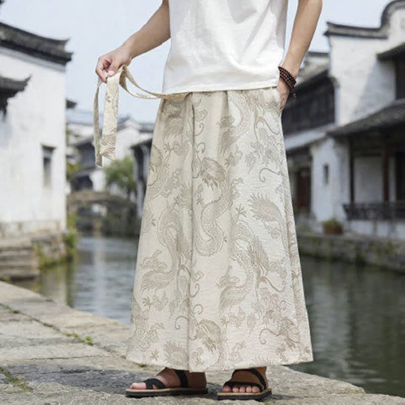 Nimara Ritual Summer Casual Tang Style Drawstring Dragon Ankle Pants Men's Wide Leg Pants