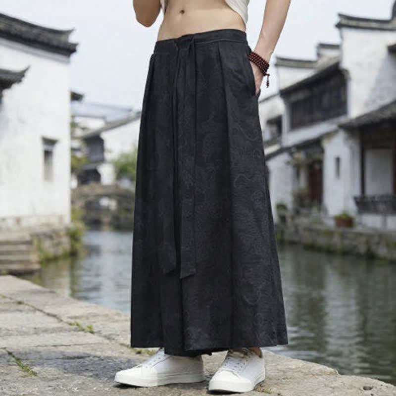 Nimara Ritual Summer Casual Tang Style Drawstring Dragon Ankle Pants Men's Wide Leg Pants