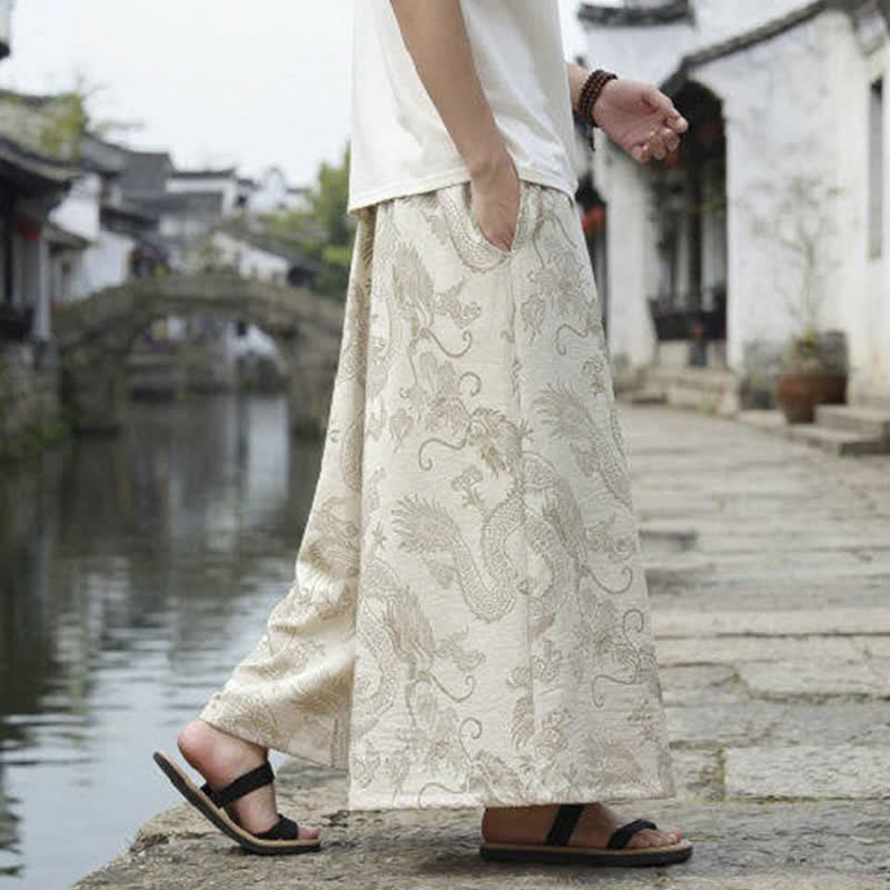 Nimara Ritual Summer Casual Tang Style Drawstring Dragon Ankle Pants Men's Wide Leg Pants
