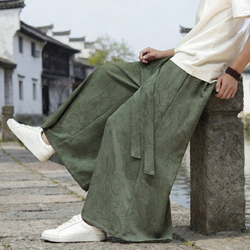 Nimara Ritual Summer Casual Tang Style Drawstring Dragon Ankle Pants Men's Wide Leg Pants