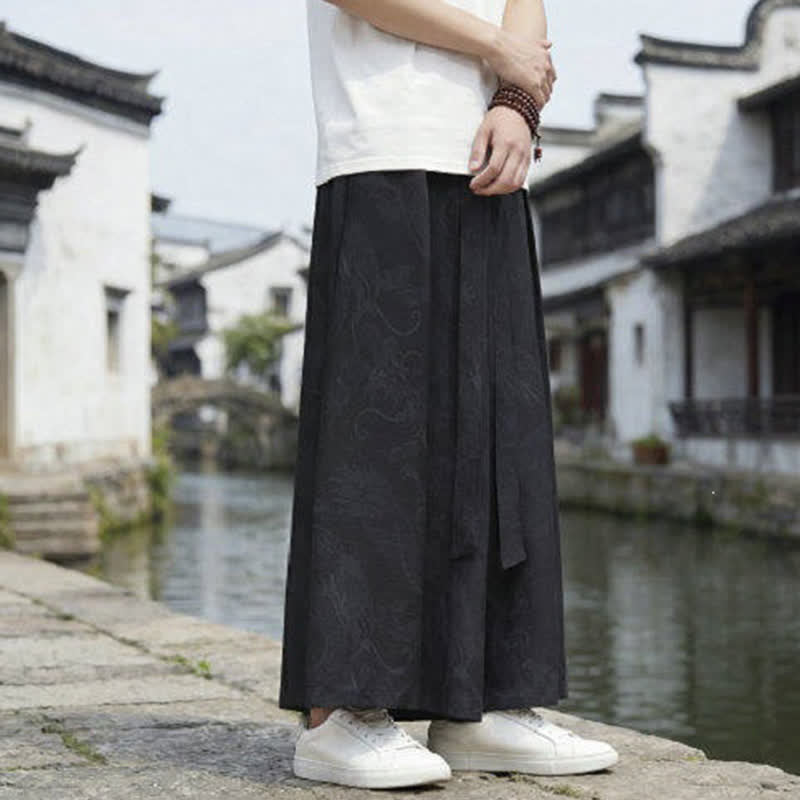 Nimara Ritual Summer Casual Tang Style Drawstring Dragon Ankle Pants Men's Wide Leg Pants
