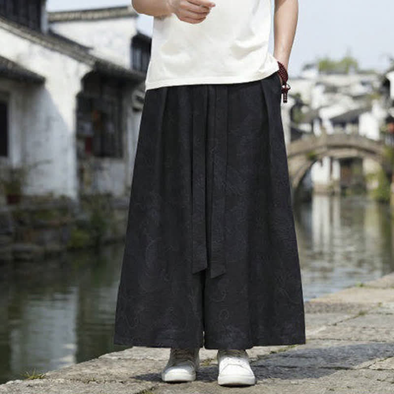 Nimara Ritual Summer Casual Tang Style Drawstring Dragon Ankle Pants Men's Wide Leg Pants