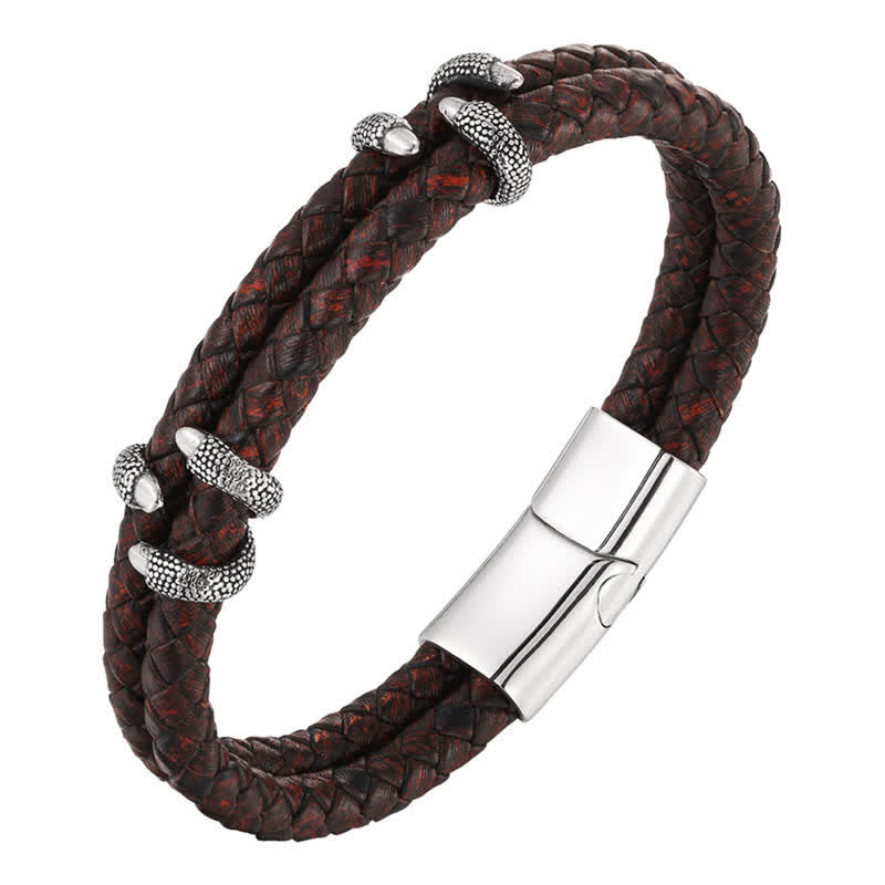 Nimara Ritual Braided Leather Dragon Claw Strength Stainless Steel Bracelet