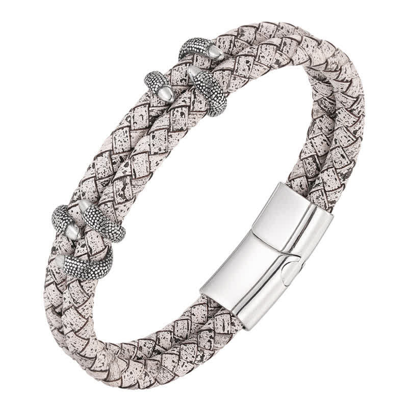 Nimara Ritual Braided Leather Dragon Claw Strength Stainless Steel Bracelet