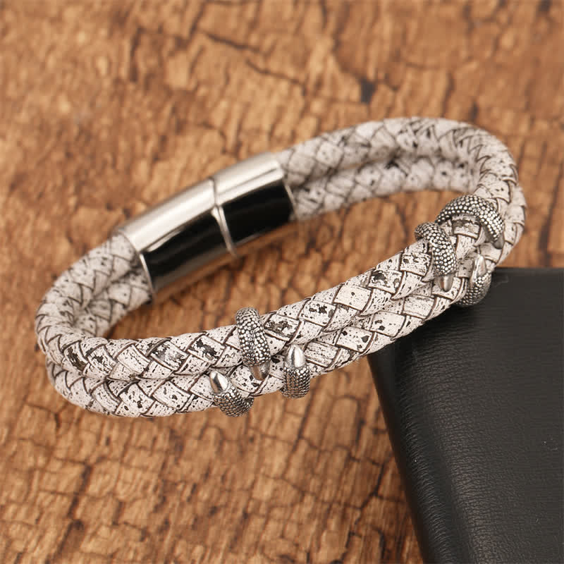 Nimara Ritual Braided Leather Dragon Claw Strength Stainless Steel Bracelet