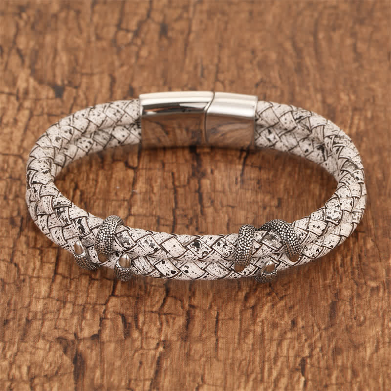Nimara Ritual Braided Leather Dragon Claw Strength Stainless Steel Bracelet