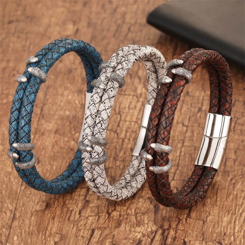 Nimara Ritual Braided Leather Dragon Claw Strength Stainless Steel Bracelet