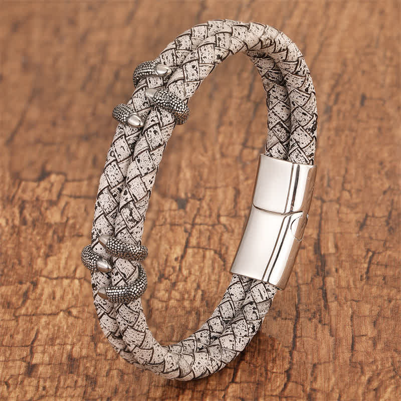 Nimara Ritual Braided Leather Dragon Claw Strength Stainless Steel Bracelet