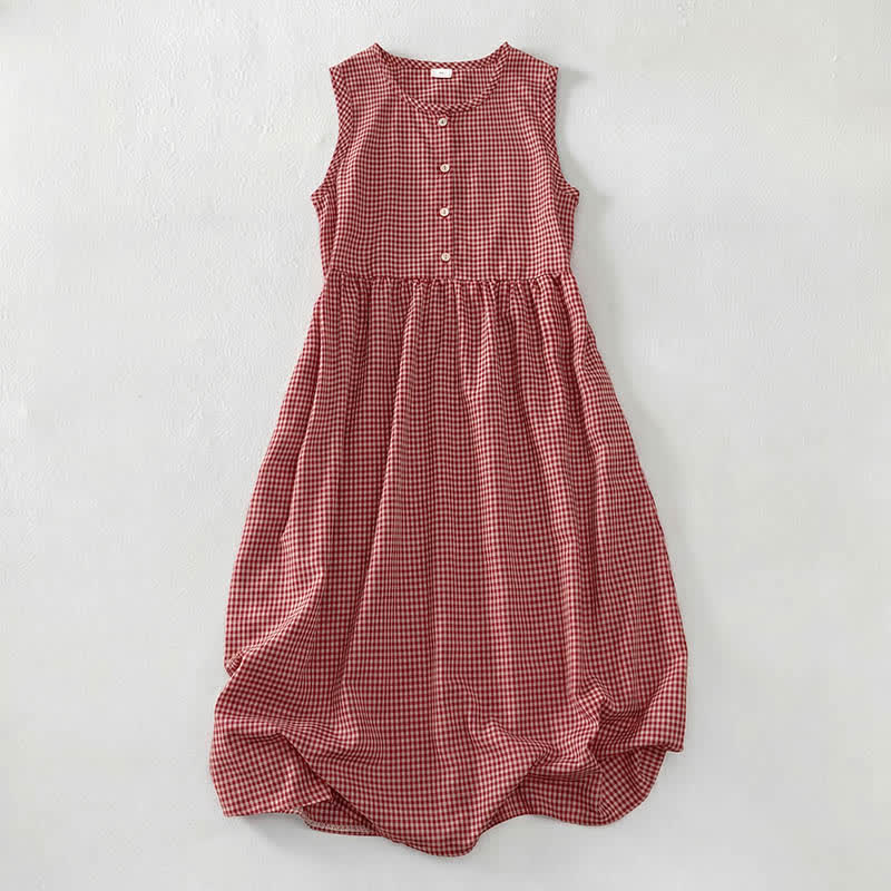 Nimara Ritual Summer Vintage Button-Up Plaid Crew Neck Cotton Women's Summer Sleeveless Dress With Pocket