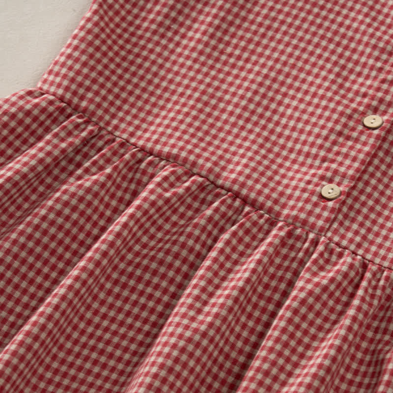Nimara Ritual Summer Vintage Button-Up Plaid Crew Neck Cotton Women's Summer Sleeveless Dress With Pocket