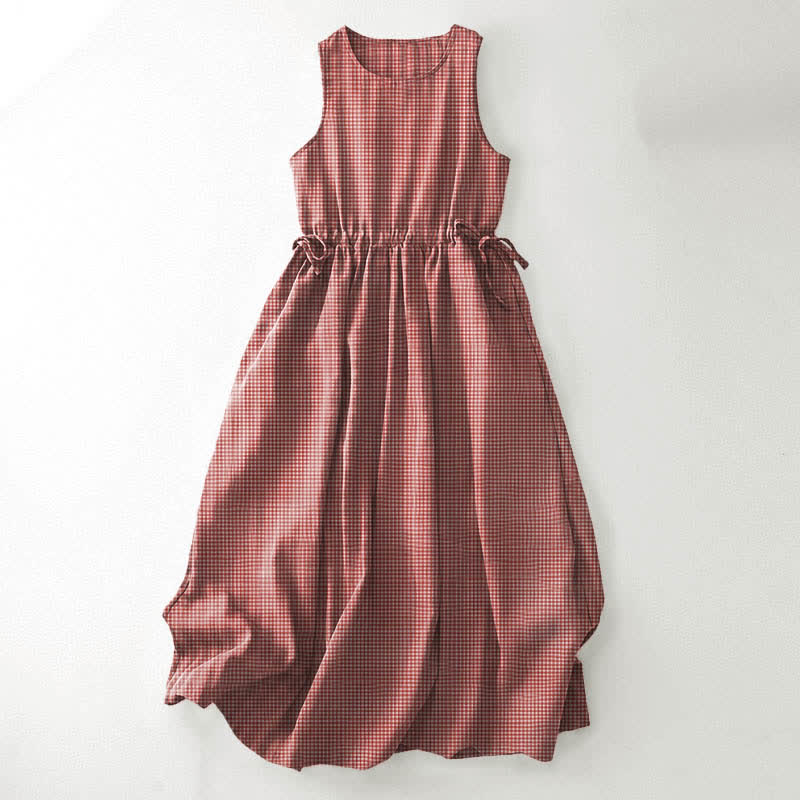 Nimara Ritual Summer Vintage Drawstring Plaid Cotton Women's Summer Sleeveless Dress With Pockets