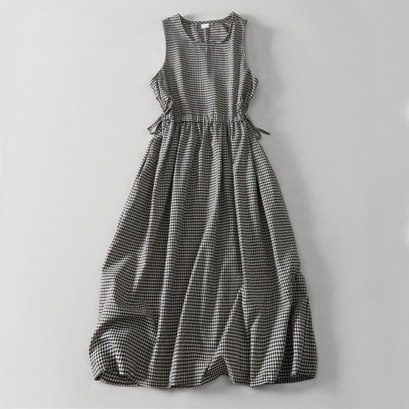 Nimara Ritual Summer Vintage Drawstring Plaid Cotton Women's Summer Sleeveless Dress With Pockets