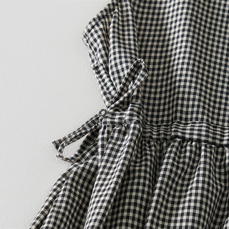 Nimara Ritual Summer Vintage Drawstring Plaid Cotton Women's Summer Sleeveless Dress With Pockets