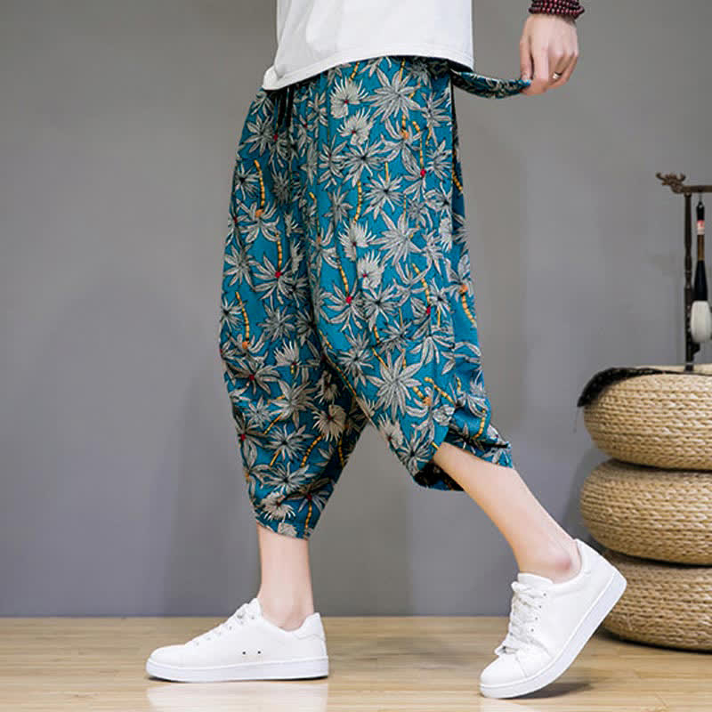 Nimara Ritual Summer Boho Casual Drawstring Floral Capri Pants Men's Harem Pants With Pocket