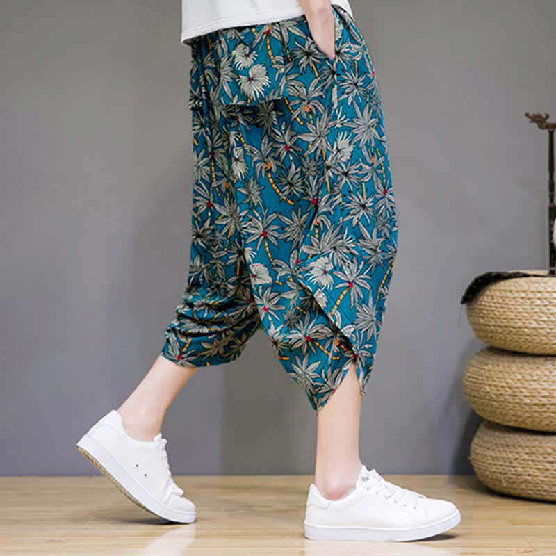 Nimara Ritual Summer Boho Casual Drawstring Floral Capri Pants Men's Harem Pants With Pocket