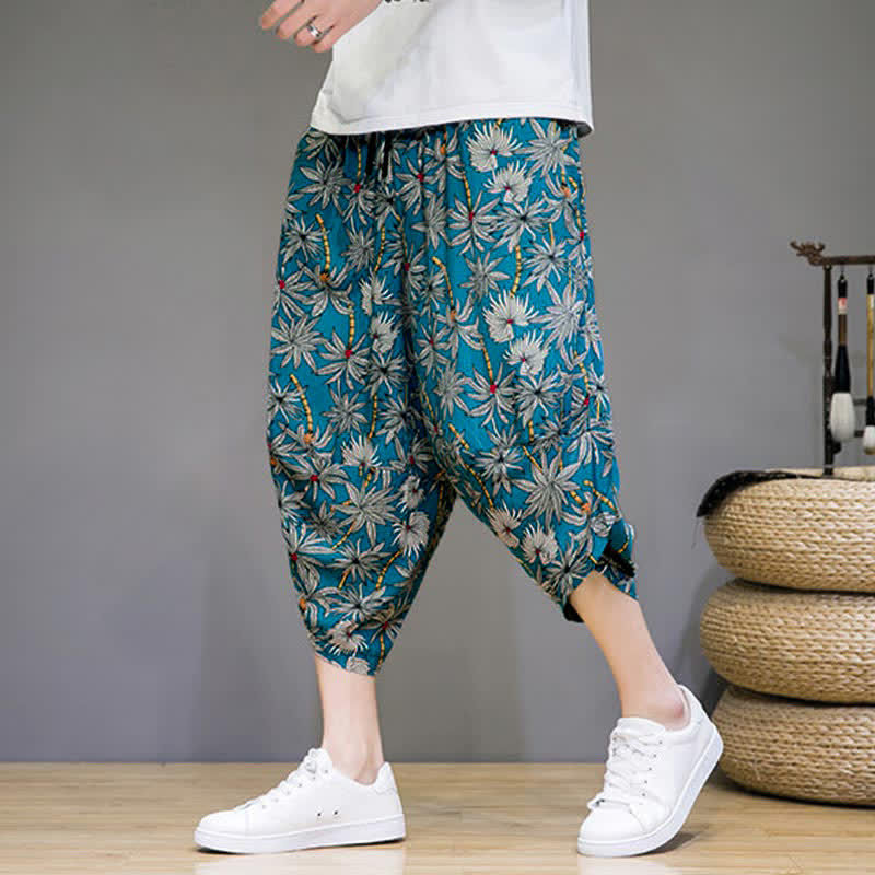 Nimara Ritual Summer Boho Casual Drawstring Floral Capri Pants Men's Harem Pants With Pocket