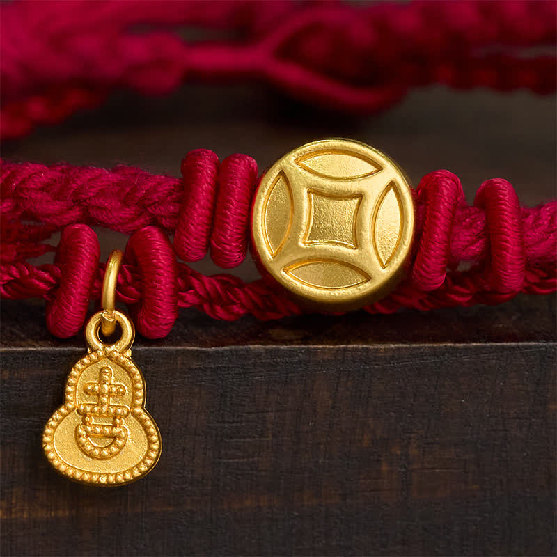 Nimara Ritual Alloy Chinese Coin Gourd Pendant Wealth Double-Strand Red String Bracelet