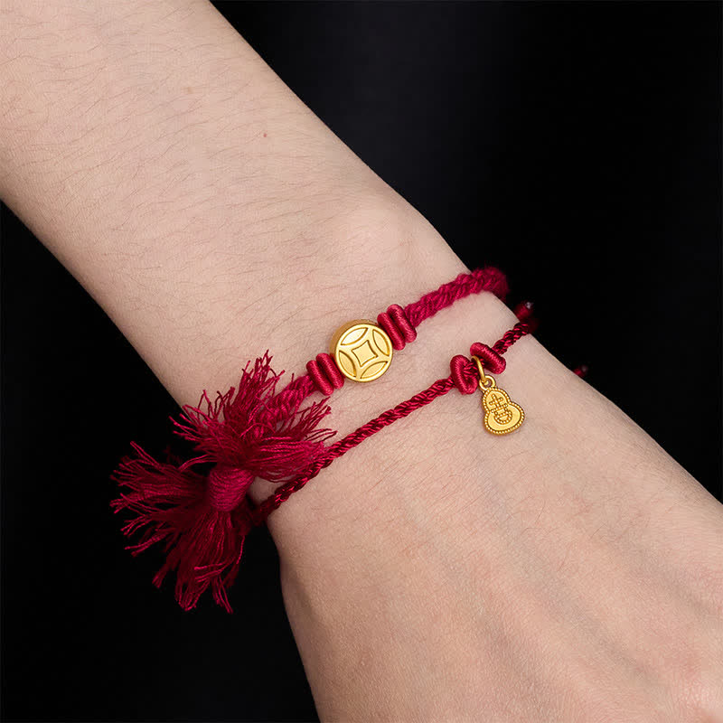 Nimara Ritual Alloy Chinese Coin Gourd Pendant Wealth Double-Strand Red String Bracelet