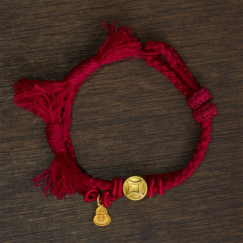 Nimara Ritual Alloy Chinese Coin Gourd Pendant Wealth Double-Strand Red String Bracelet