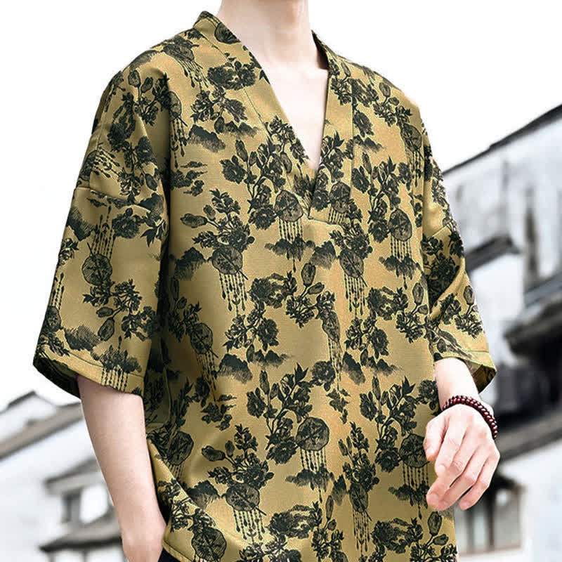 Nimara Ritual Summer Casual Tang Style Floral V-Neck Men's Short Sleeve T-Shirts