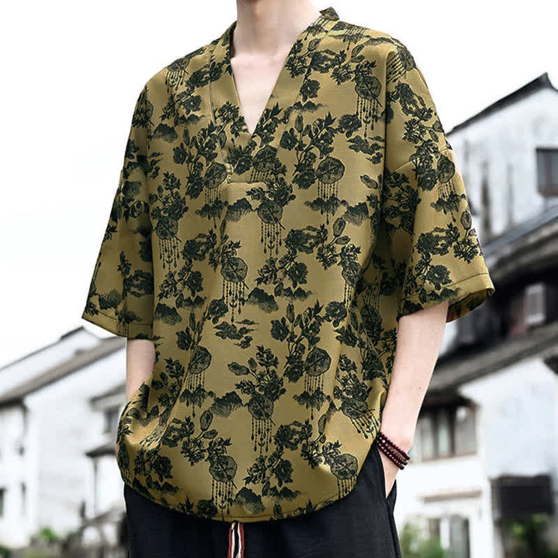 Nimara Ritual Summer Casual Tang Style Floral V-Neck Men's Short Sleeve T-Shirts