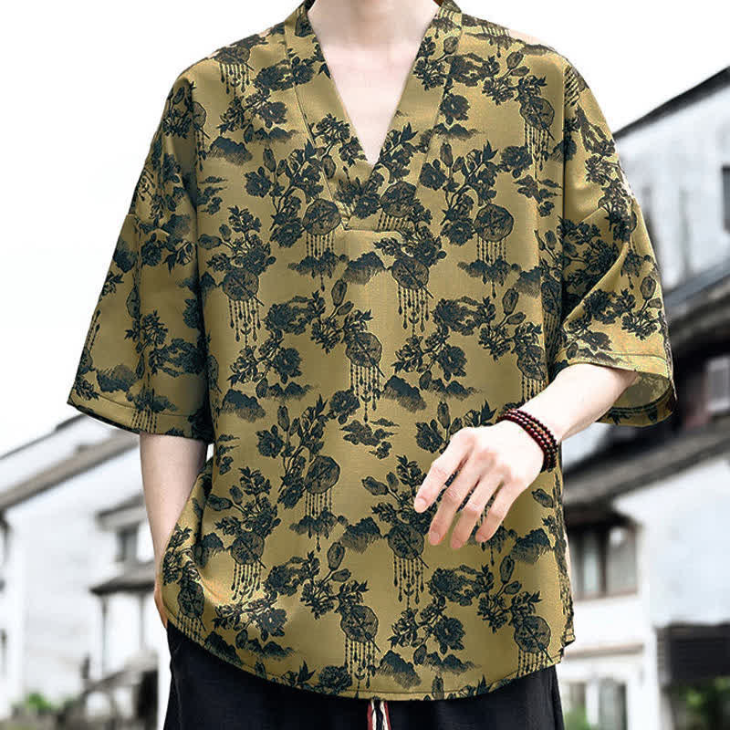 Nimara Ritual Summer Casual Tang Style Floral V-Neck Men's Short Sleeve T-Shirts