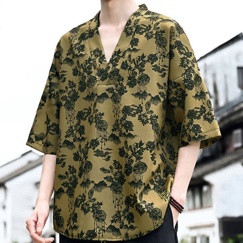 Nimara Ritual Summer Casual Tang Style Floral V-Neck Men's Short Sleeve T-Shirts
