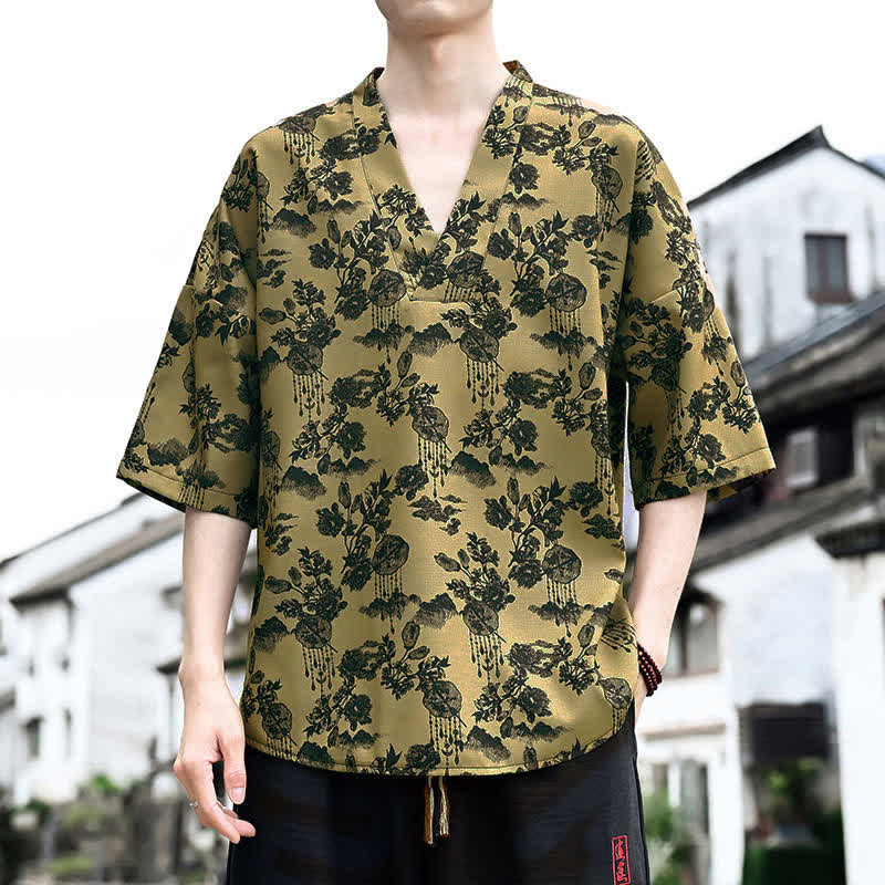 Nimara Ritual Summer Casual Tang Style Floral V-Neck Men's Short Sleeve T-Shirts